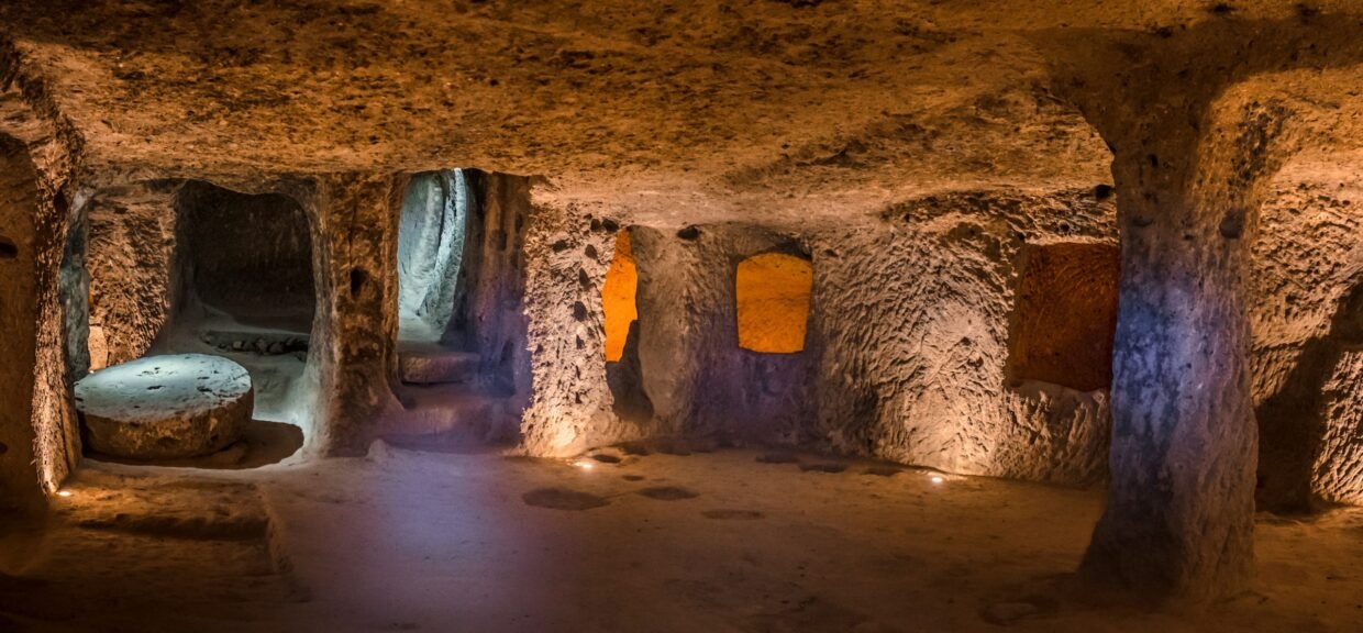 Goreme, Turkey - April 12, 2017: Explore Derinkuyu ancient multi-level underground cave city in Cappadocia, Travel to Turkey.