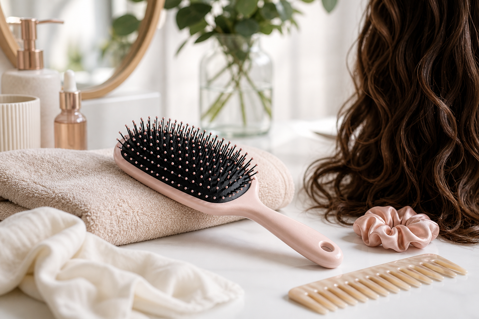 Haarbuerste fuer Locken und lange Haare in moderner Beauty Produktfotografie