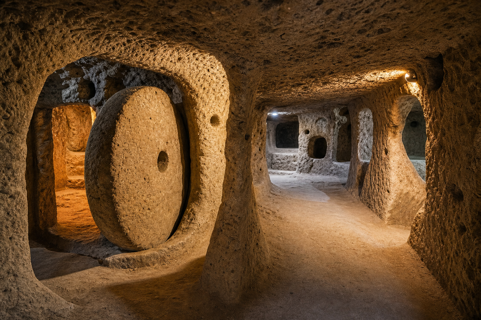 Historische unterirdische Stadt Derinkuyu in der Tuerkei mit steinernen Gaengen