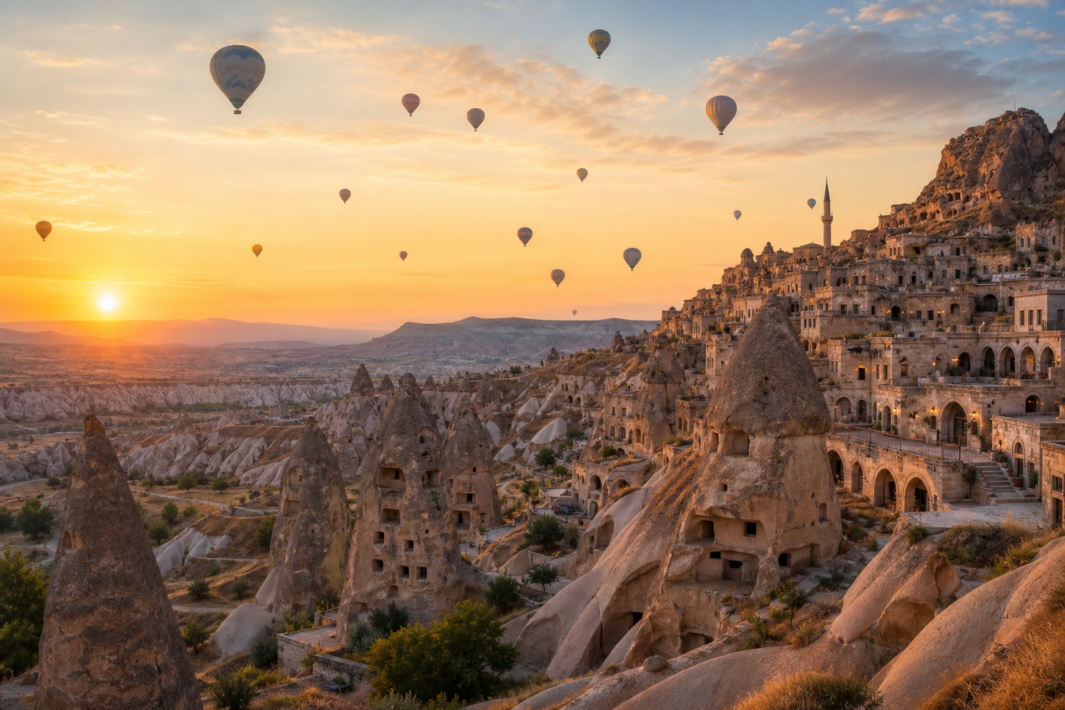 Kappadokien Landschaft bei Sonnenaufgang mit Felsformationen und Heissluftballons