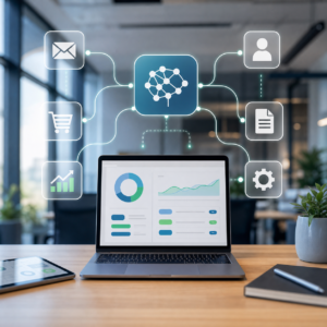 KI-Business Integration und Automatisierung Produktbild mit digitalen Workflows